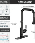 FORIOUS Vintage Kitchen Sink Faucet with Pull Down Sprayer, Matte Black dimensions and installation guide graphic.