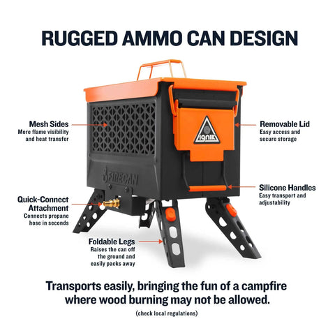 Portable Propane Fire Pit Kit With Hose And Adjustable Regulator In Rugged Ammo Can Design showing features like mesh sides and foldable legs.