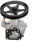 Brake vacuum pump with black pulley on gray aluminum housing and brass inlet port.