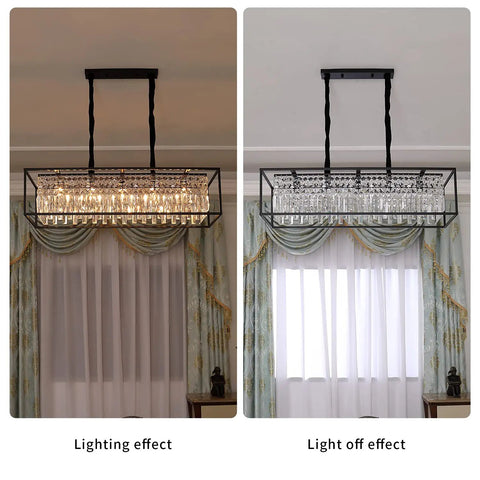 5 Light Rectangular Modern Crystal Chandelier Hanging Fixture for Dining Room showing lighting on and off effects in room.