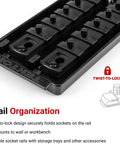 All In One 214 Piece Socket Set With Rails And Tray, focus on twist-to-lock socket rail with organization features diagram