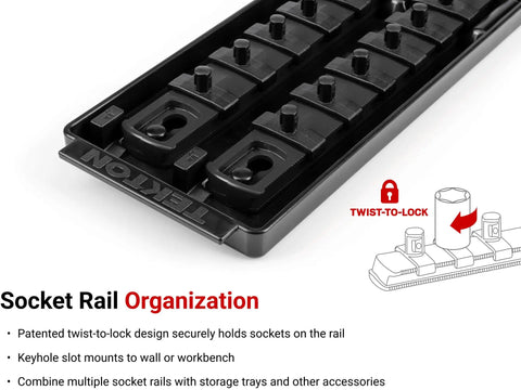 All In One 214 Piece Socket Set With Rails And Tray, focus on twist-to-lock socket rail with organization features diagram