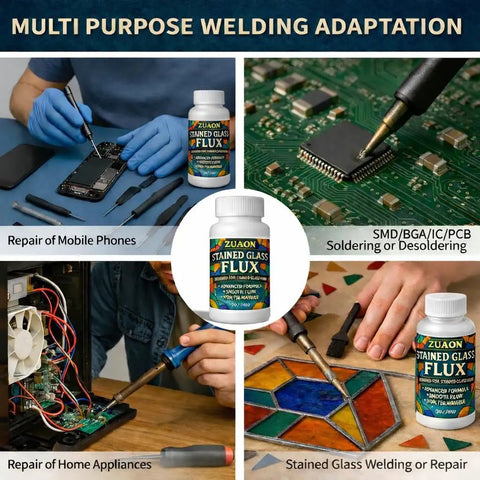 8oz Water Based Liquid Flux for stained glass and electronics soldering shown in use with brush for various repairs