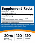 Supplement facts panel for Lithium Orotate 20mg Capsules, 120 Count, Vegan Gluten Free Non GMO, Natural Trace Mineral For Mood Support