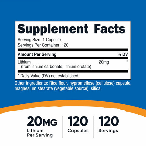 Supplement facts panel for Lithium Orotate 20mg Capsules, 120 Count, Vegan Gluten Free Non GMO, Natural Trace Mineral For Mood Support