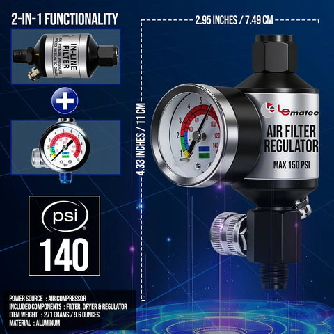 Front view of LE LEMATEC air filter regulator with gauge and water separator, aluminum body, 150 PSI