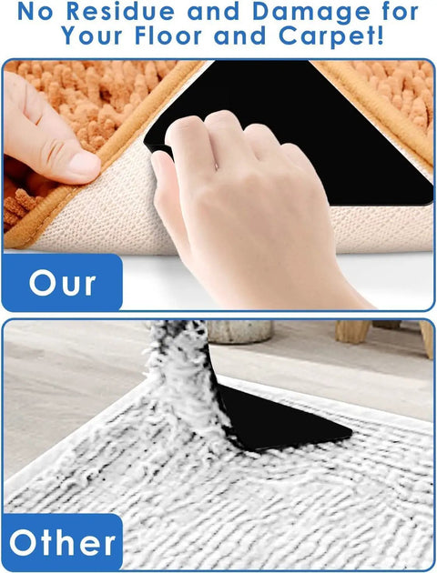 Hand applying Non Slip Rug Pad Grippers Set, 14 Pack Anti Slip Rug Pads For Area Rugs And Carpets, showing triangle design.