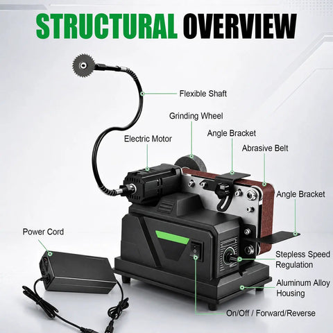 Compact Mini Bench Belt Sander With 10m/s High Speed For Multi Material Finishing features electric motor, grinding wheel, and accessories.