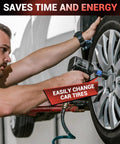 Man using impact driver to change car tire with 8 Piece Impact Socket Adapter Set For Drill With Quarter Inch, Eighth Inch, And Half Inch Hex Shanks, Socket To Drill Adapters For Impact Driver, Chrome Vanadium Construction, High Torque, Rust Resistant, DIYers And Auto Repairs