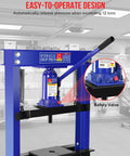 12 Ton Hydraulic Shop Press With H Frame Bearing And Adjustable Height Heavy Duty Workstation showing easy-to-operate bottle jack safety valve.