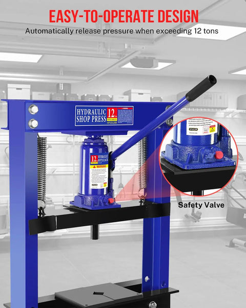 12 Ton Hydraulic Shop Press With H Frame Bearing And Adjustable Height Heavy Duty Workstation showing easy-to-operate bottle jack safety valve.