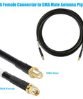 SMA Male To SMA Female Coax Cable 10 Ft RG58 Extension shown with connectors and coiled black cable for SDR and LTE applications.