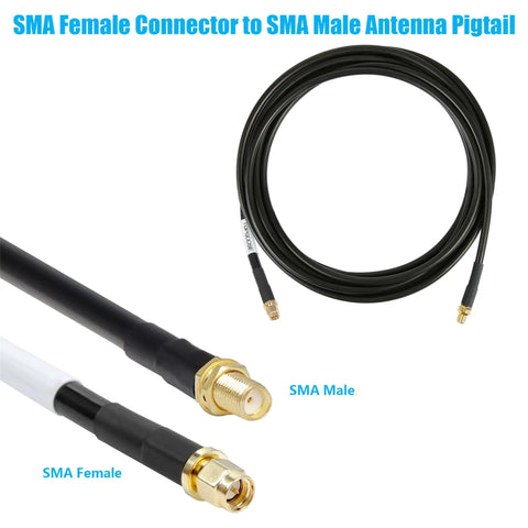SMA Male To SMA Female Coax Cable 10 Ft RG58 Extension shown with connectors and coiled black cable for SDR and LTE applications.