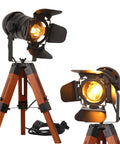 Tripod Floor Lamp With Industrial Vintage Vibe, Metal And Wood Finish, Nautical Cinema Style Standing Searchlight, Black And Wood