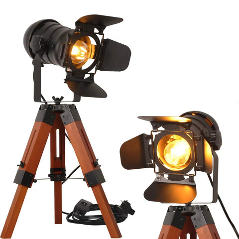 Tripod Floor Lamp With Industrial Vintage Vibe, Metal And Wood Finish, Nautical Cinema Style Standing Searchlight, Black And Wood