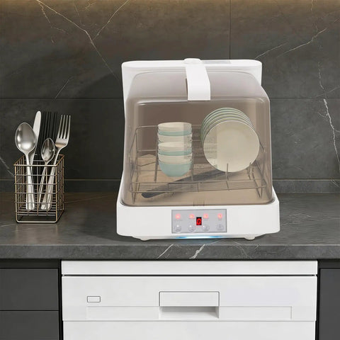 Slick Portable Countertop Dishwasher With Massive 8 Liter Tank And Three Wash Settings Featuring Full 360 Spin Sprayers for easy cleanup on kitchen counter.