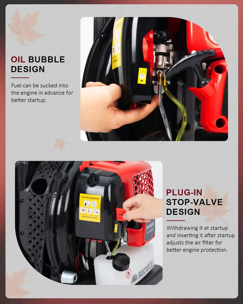 Close-up of Beast Gas Backpack Leaf Blower showcasing oil bubble and stop-valve design for efficient operation and easy startup.