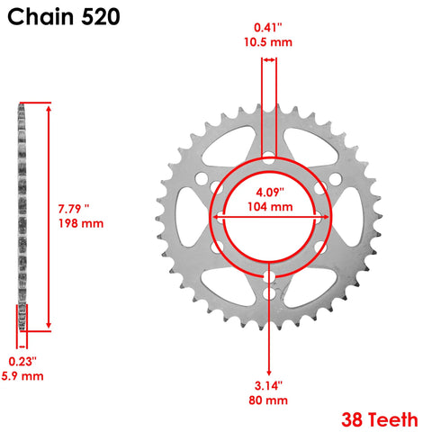 Beefed Up Non O Ring Drive Chain And Sprockets Kit For Polaris Magnum 425 2x4 4x4 1995 To 1998, 38-tooth rear sprocket dimensions