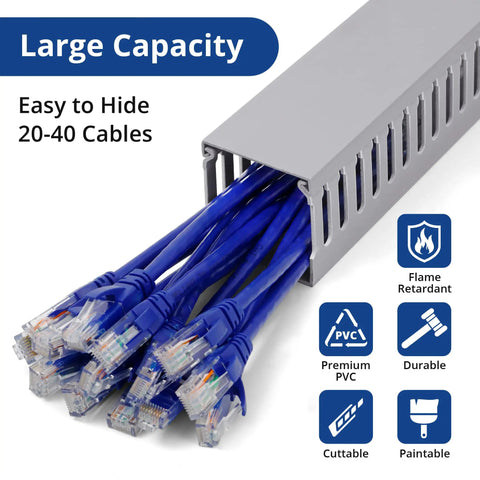 Close-up of a grey 2x2 Inch Cable Management Raceway For Server Racks PVC Duct Kit with blue network cables.