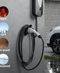 Heavy Duty J1772 EV Charger Wall Mount with Rock Solid Cord Cradle and Outlet Shield installed on a wet garage wall.