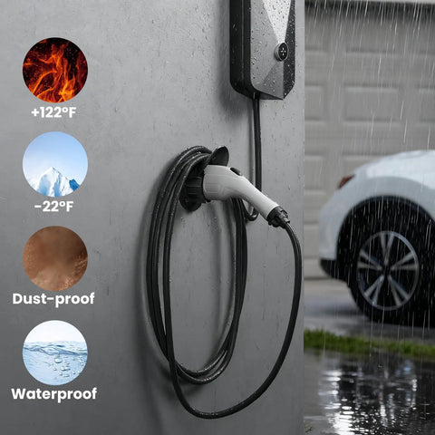 Heavy Duty J1772 EV Charger Wall Mount with Rock Solid Cord Cradle and Outlet Shield installed on a wet garage wall.