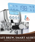Top Shelf Espresso Machine With Auto Milk Frother, Pulls Dime Perfect Crema On 20 Bar Pressure, Smart Temp Control For Real Deal Home Coffee Setups In Sleek Silver display panel showing temperature and function buttons.