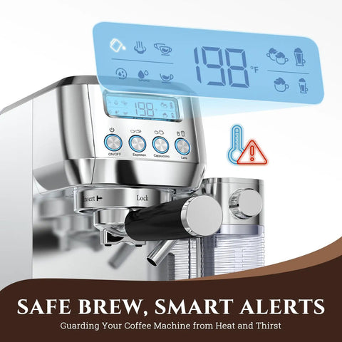 Top Shelf Espresso Machine With Auto Milk Frother, Pulls Dime Perfect Crema On 20 Bar Pressure, Smart Temp Control For Real Deal Home Coffee Setups In Sleek Silver display panel showing temperature and function buttons.