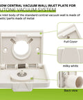 Pokin 360W central vacuum wall inlet plate for NuTone, white milky plastic, front view with circular inlet; back view.