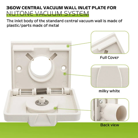 Pokin 360W central vacuum wall inlet plate for NuTone, white milky plastic, front view with circular inlet; back view.