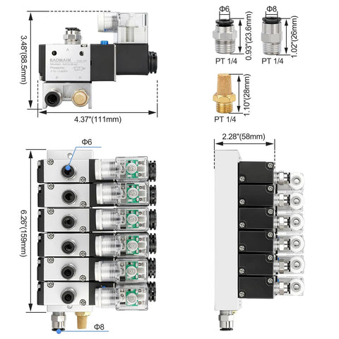Diagram of Six Station Solenoid Valve Manifold For 12V DC Systems with dimensions and ports, Model 3V210-08