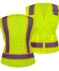 Womens High Visibility Safety Vest Featuring Hella Breathable Mesh Fabric Adjustable Waist Belt Multiple Storage Pockets Smooth Zipper ANSI Class 2 Reflective Strips, back and front view in bright yellow.