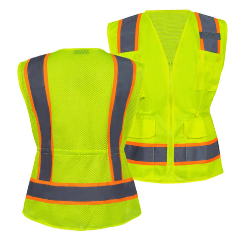 Womens High Visibility Safety Vest Featuring Hella Breathable Mesh Fabric Adjustable Waist Belt Multiple Storage Pockets Smooth Zipper ANSI Class 2 Reflective Strips, back and front view in bright yellow.
