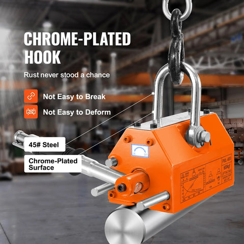 Front view of orange VEVOR magnetic lifter with chrome-plated hook and steel body, 1320 lb capacity.