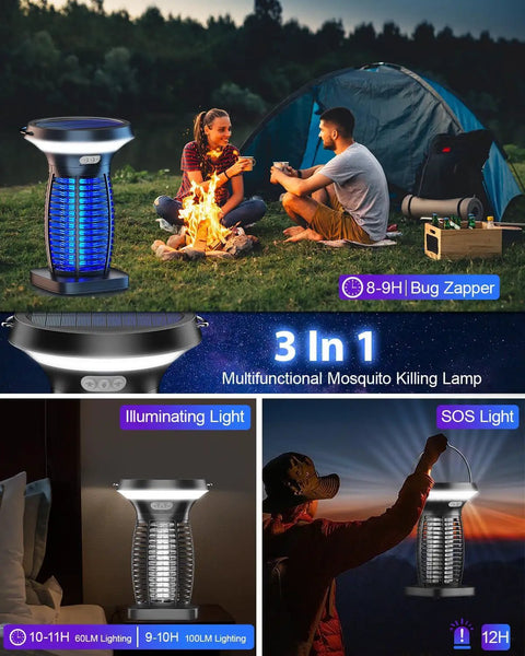 Outdoor Waterproof Solar Powered Bug Zapper Portable And No Fuss Rechargeable With Panel Sensor And LED Night Light Mosquito Electric Fly Zapper For Home Patio Backyard Camping, showing 3-in-1 functionality and features in camping setting.