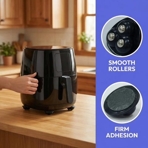 Self Adhesive Mini Caster Wheels For Appliances 8 Pack installed on air fryer for easy front access on countertop