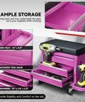 3-Drawer Rolling Mechanic Seat With Storage Tray, 350 lbs capacity, purple work stool on wheels, cushioned seat, side tool tray