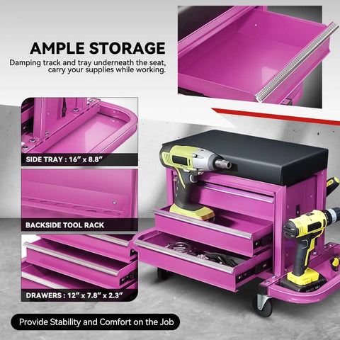 3-Drawer Rolling Mechanic Seat With Storage Tray, 350 lbs capacity, purple work stool on wheels, cushioned seat, side tool tray