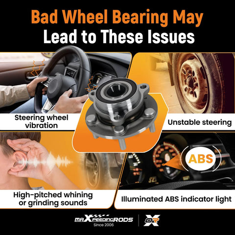 Image showing issues from bad wheel bearing: steering wheel vibration, unstable steering, high-pitched sounds, and ABS light.