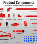 Components of the 12 Ton Portable Hydraulic Ram Jack Pump Kit with various tool attachments for auto body repairs.