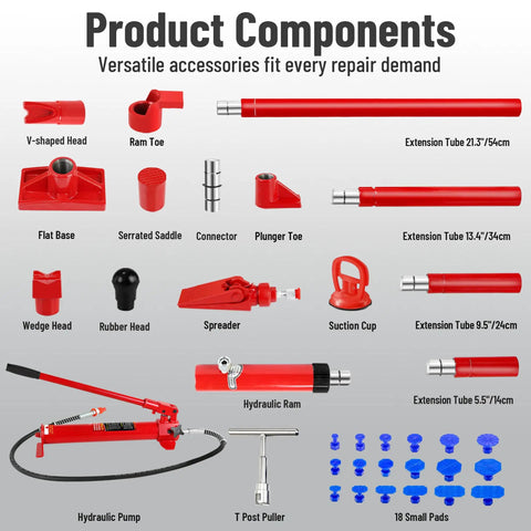 Components of the 12 Ton Portable Hydraulic Ram Jack Pump Kit with various tool attachments for auto body repairs.