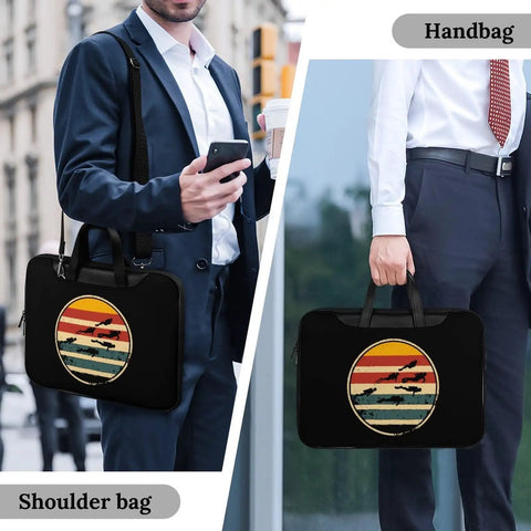 Vintage Scuba Inspired Laptop Tote Bag Leather Computer Case for Work, shown as handbag and shoulder bag, black style.
