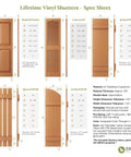 Spec sheet for Lifetime Vinyl Shutters by Ekena Millwork showing various shutter designs, dimensions, and materials.