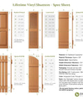 Spec sheet of Lifetime Vinyl Shutters showing dimensions and styles like Raised Panel, Louvered, and Arched BNB.