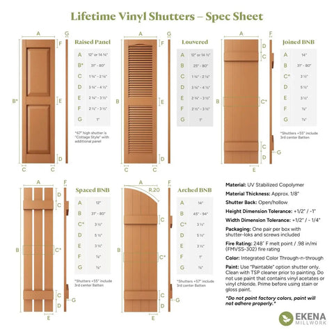 Specification sheet for Lifetime Vinyl Shutters showing various styles including Raised Panel, Louvered, and Arched BNB.