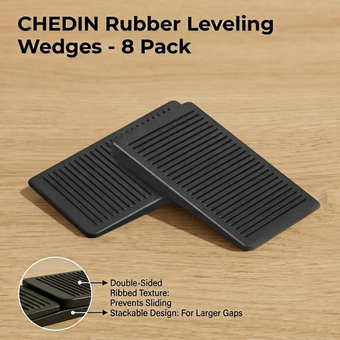 Trimmable Rubber Shims For Wobbly Furniture, Non Slip Table Levelers With Ribbed Grip, 8 Pack Rubber Leveling Wedges on Wooden Surface.