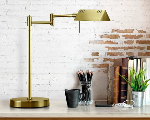 Lit LED Desk Lamp For Pharmacy And Home Office With Full Range Dimming, antique brass finish on desk with books