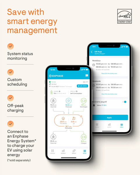 Plug-in Smart EV Charger 9.6kW With Wi-Fi Scheduling NEMA 14-50 Plug app interface showing scheduling and energy management.
