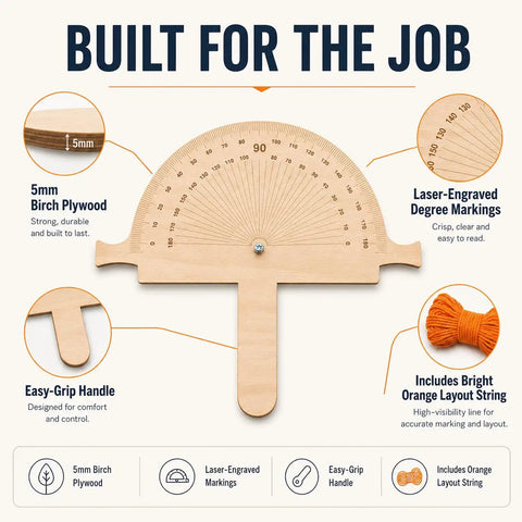 Jobsite Ready Wooden Angle Finder With Bright Orange String Line 12 By 10 Inch Birch Plywood Ruler Expert Degree Layout Gauge showing laser-engraved markings.