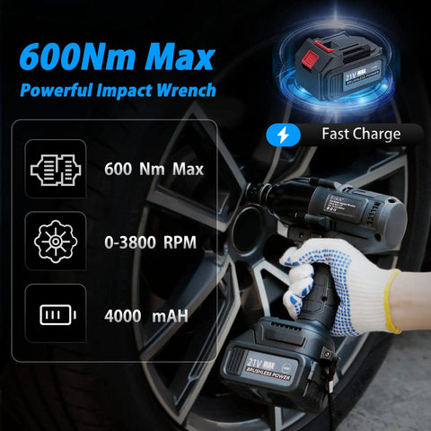 Cordless Impact Wrench With Half Inch Drive, 600 Nm Max Torque, 21V 4.0Ah Battery, Fast Charger in use on car tire