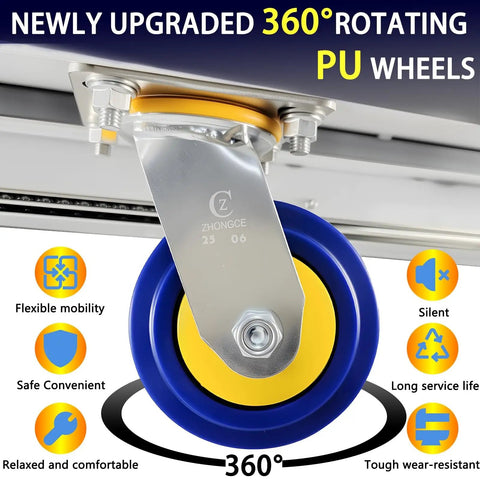 Heavy Duty Electric Hydraulic Lift Table Cart With 48V Power Handling Up To 661 Pounds Easily Foldable Platform Smooth Rolling Wheels close-up of upgraded 360° rotating PU wheel.